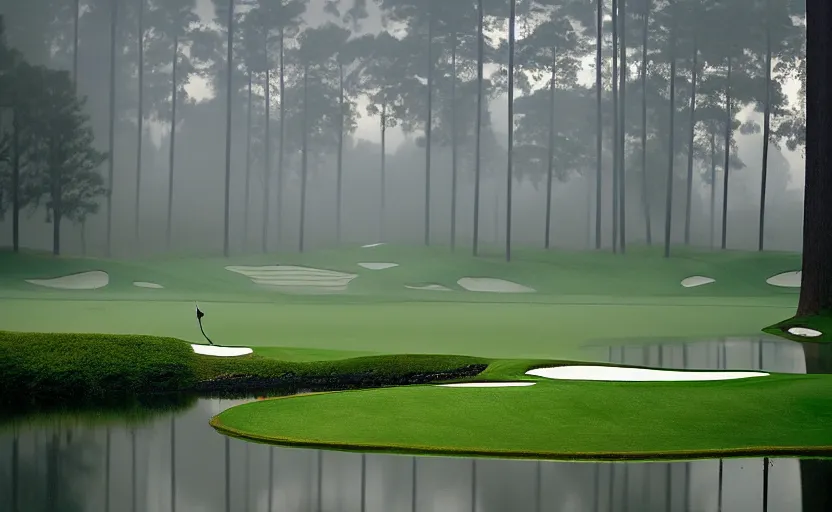 Image similar to nr. 1 2 at augusta national, the masters, many beautiful flowers and magnlia trees, completely flooded with brown water during rain storm, beautiful ambient light, fog,