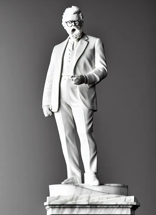 Image similar to colonel sanders as calacatta marble statue by michaelangelo, high lights, 4 k, high detailed photography, 5 0 mm lens, depth of field, cinematic