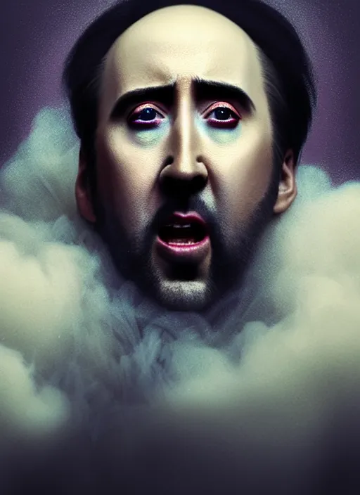 Image similar to an ethereal, misty portrait of a screaming nicolas cage whose face is accented with iridescent makeup. the makeup floats off his face and joins swirling clouds of smoke and fog, becoming the declaration of independence. muted tones. surreal portrait, cinematic lighting, 8 k, smooth, sharp focus, digital painting, rendered in octane, painted by tom bagshaw, artgerm