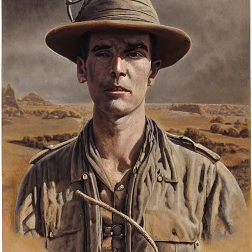 Image similar to a detailed photorealistic sepia - toned color portrait painting of a 1 9 1 7 worried clean - shaven british lieutenant in detailed field gear wearing a finely - detailed pith helmet in wadi rum, ultra realistic, intricate details, lovecraft, atmospheric, dark, horror, brooding, highly detailed, by clyde caldwell