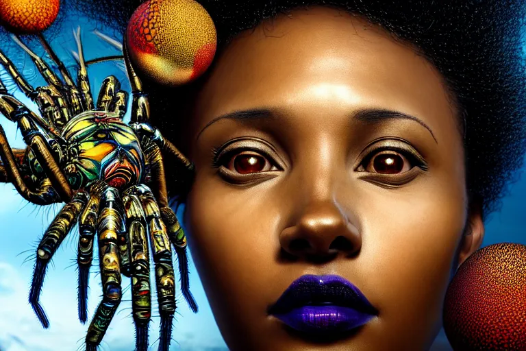 Image similar to realistic detailed closeup portrait movie shot of a beautiful black woman with a giant spider, dystopian city landscape background by denis villeneuve, amano, yves tanguy, alphonse mucha, max ernst, ernst haeckel, kehinde wiley, caravaggio, cyber necklace, rich moody colours, sci fi patterns, wide angle
