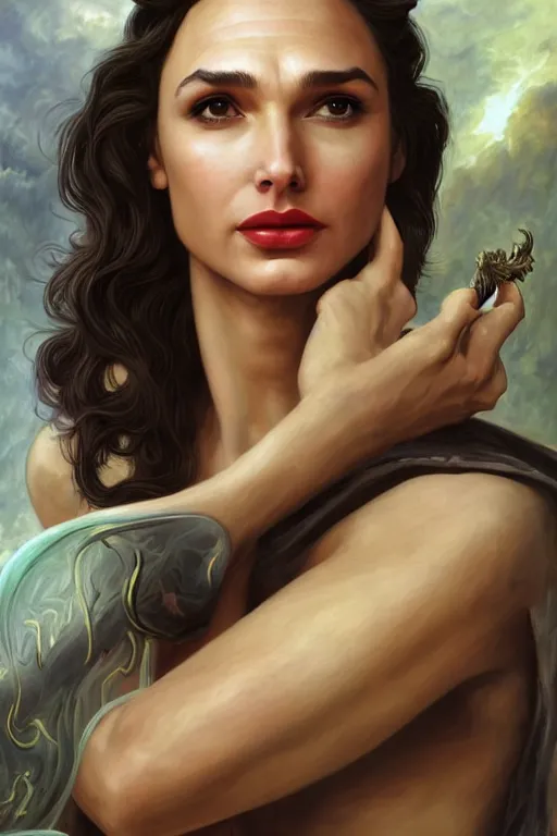 Image similar to A fantasy comic book style portrait painting of Gal Gadot, hybrid, Anya Audrey Hepburn, as an Atlantean Reptilian Warrior, François Boucher, Oil Painting, Mystical Valkyrie, unreal 5, DAZ, hyperrealistic, octane render, Regal, Refined, Detailed Digital Art, RPG portrait, William-Adolphe Bouguereau, Michael Cheval, Walt Disney (1937), Steampunk, dynamic lighting, Highly Detailed, Cinematic Lighting, Unreal Engine, 8k, HD