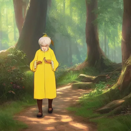 Image similar to concept art painting of an anthropomorphic grandma doe deer wearing yellow robes, in the deep forest, realistic, detailed, cel shaded, in the style of makoto shinkai and greg rutkowski and james gurney