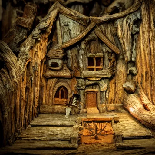 Image similar to miniature Renaissance village inside of a carved out giant oak tree, ultrarealistic, cinematic, highly detailed, dramatic lighting, award winning photography, 8k