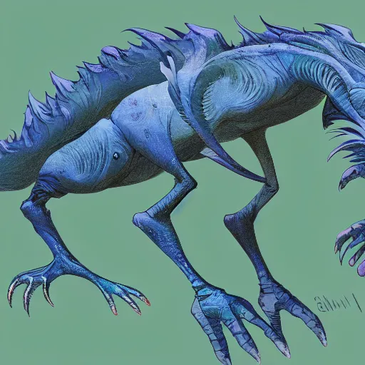 Image similar to concept art painting of an alien animal creature, detailed, cel shaded, in the style of makoto shinkai and moebius and james gurney