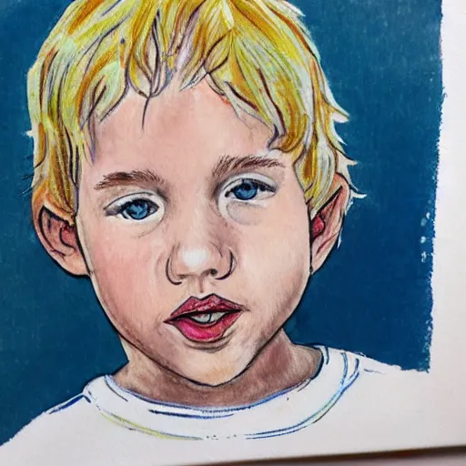 Image similar to of accurate and realistic representation of a close up portrait of a cute blue eyed blond hair boy. colored paints and colored inks on vellum.