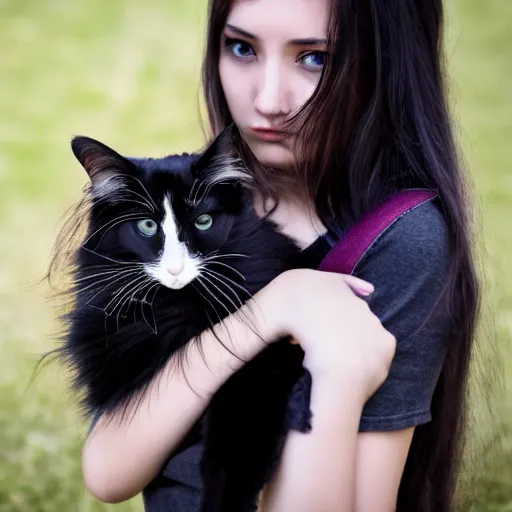 Prompt: a girl with long messy dark hair, ( ( ( goth style ) ) ), shiny eyes, holding a cat in her arms, a stock photo by juan villafuerte, pexels contest winner, high quality photo, rtx, hd, rasquache