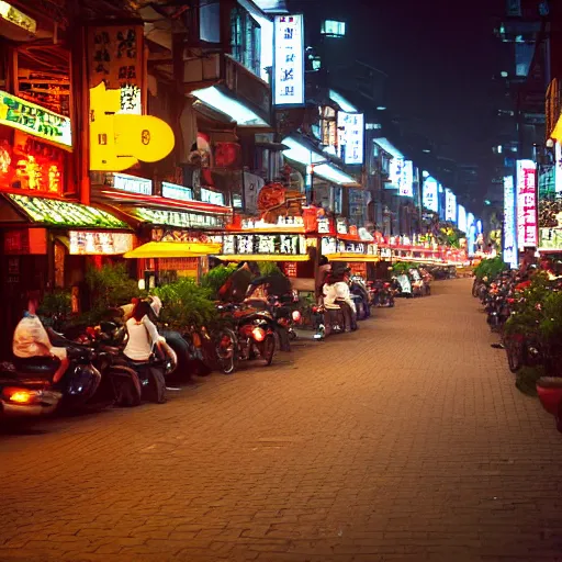 Prompt: A street full of restaurants in Hangzhou in the early 2000s, evening