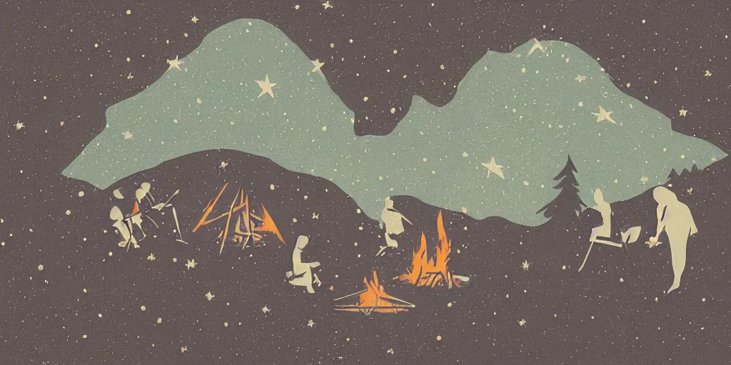 Image similar to a campfire under the stars with comets, 1940s faded risograph print, illustration, limited color palette, earthtones, double-exposure, astrophotography, claymation, sharp