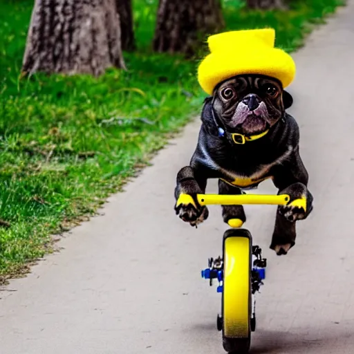 Image similar to a dog with a yellow hat riding a bike