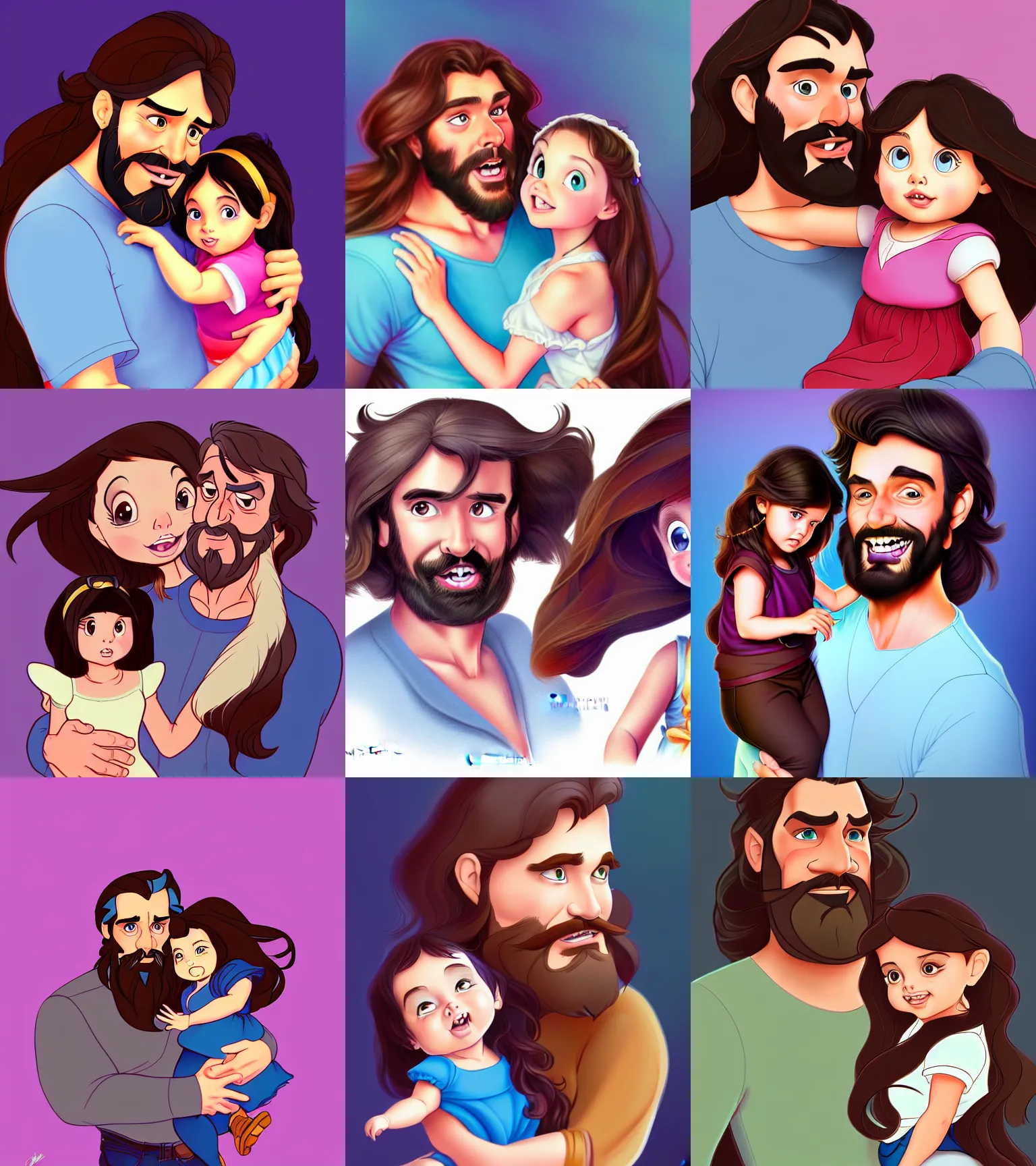 Image similar to a long - haired bearded father and his brunette child toddler girl full color digital illustration in the style of don bluth, artgerm, artstation trending, 4 k