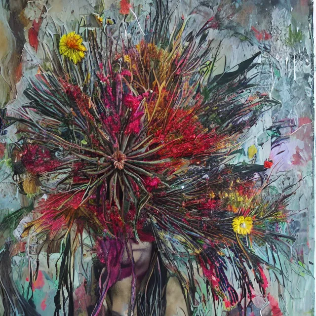 Image similar to “ a portrait in a female art student ’ s apartment, australian wildflowers, sensual, queer woman, flax, flannel flower, bottlebrush, eucalyptus, art supplies, a candle dripping white wax, clay, squashed berries, berry juice drips, acrylic and spray paint and oilstick on canvas, surrealism, neoexpressionism ”