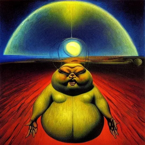 Prompt: Fat chungus Elon musk recognizes its soul in the mirror - contest-winning artwork by Salvador Dali, Beksiński, Van Gogh, Giger, and Monet. Stunning lighting