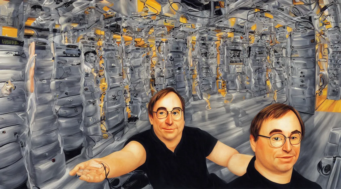 Image similar to Wallpaper of Linus Torvalds in a datacenter painted by fernando botero