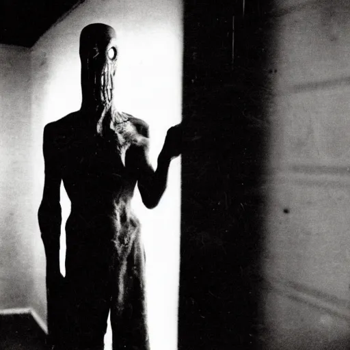 Prompt: A scary red, tall creature standing in the corner of a dark room, eerie, horror, vintage, dslr, 1950, old photography