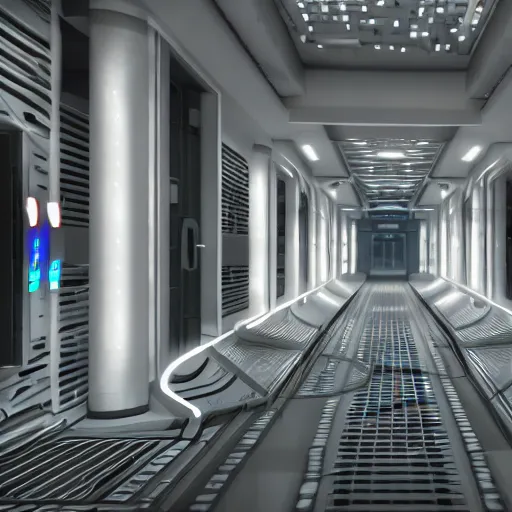 Image similar to futuristic horror science facility corridor, scp, unreal engine 5, rtx, next - gen graphics, secure contain protect, aaa game trailer, cinematic lighting, 3 d render, 4 k 6 0 fps, teaser, cinema 4 d