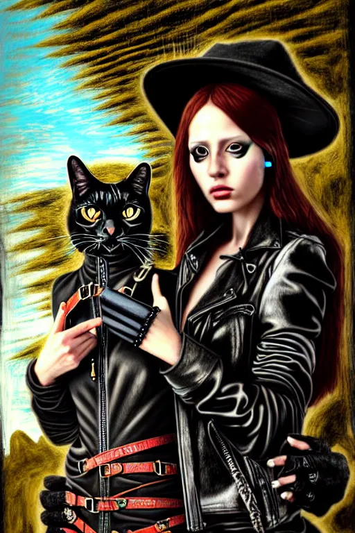 Image similar to punk rock girls making selfie with black cats in jungle , mad max jacket, post apocalyptic, renaissance, highly detailed, digital painting, 4k, oil painting by Leonardo Da Vinci, hyper realistic style, fantasy by Olga Fedorova