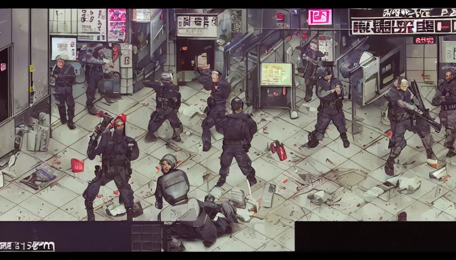 Prompt: 1994 Video Game Screenshot, Anime Neo-tokyo Cyborg bank robbers vs police, Set inside of the Bank Lobby, Multiplayer set-piece in bank lobby, Tactical Squad :9, Police officers under heavy fire, Police Calling for back up, Bullet Holes and Blood Splatter, :6 Gas Grenades, Riot Shields, Large Caliber Sniper Fire, Chaos, Anime Cyberpunk, Anime Bullet VFX, Machine Gun Fire, Violent Gun Action, Shootout, Escape From Tarkov, Intruder, Payday 2, 8k :4 by Katsuhiro Otomo: 9