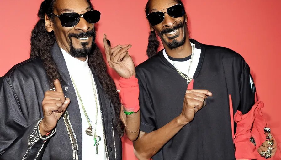 Prompt: Snoop Dogg smiles sweetly, with big red eyes