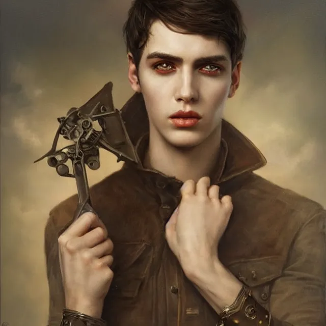 Image similar to a portrait of an intense young man with short brown hair and empathic eyes, art by tom bagshaw and manuel sanjulian