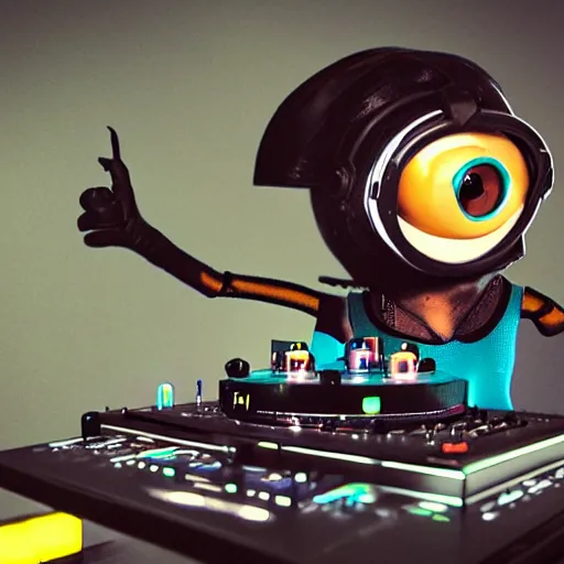 Prompt: a cyberpunk dj minion at a turntable