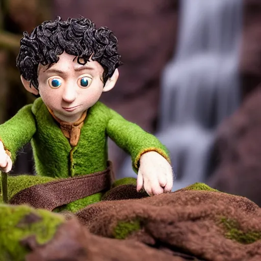 Image similar to high - res photograph of a claymation sculpture action figure cute frodo, highly detailed sculpey diorama, forest setting, waterfall backdrop, realistic materials, wood, felt, cloth, burlap, smooth, sharp foccus, commercial product photography,