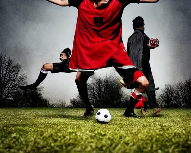 Image similar to incredible absurd surreal closeup photoshoot advertisement for soccer team, people playing soccer in the style of tim walker and by michael bay action movie vsco film grain