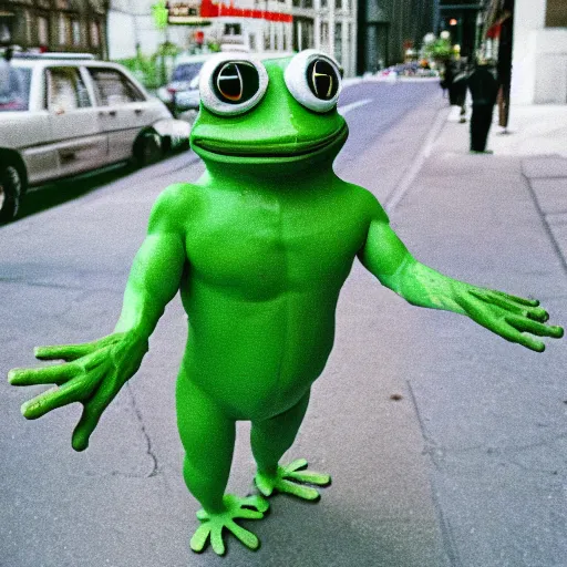 Prompt: photo of pepe the frog as buff man cinestill, 800t, 35mm, full-HD