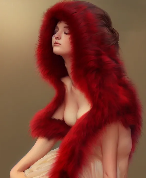 Prompt: teen girl in dress made of red fur, realistic portrait, highly detailed, digital painting, artstation, concept art, smooth, sharp focus, illustration, cinematic lighting, art by artgerm and greg rutkowski and alphonse mucha and boris vallejo and frank frazetta
