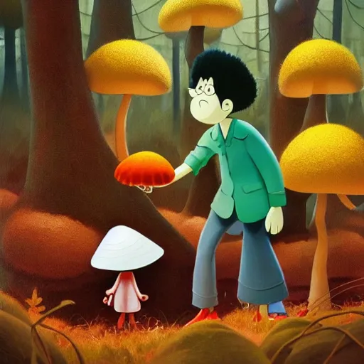 Image similar to goro fujita ilustration mafalda collecting mushrooms in the forest, painting by goro fujita, sharp focus, highly detailed, artstation