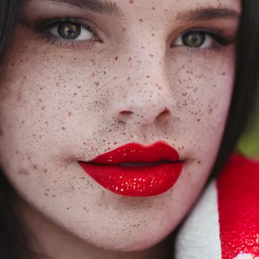 Prompt: close up portrait photo of the left side of the face of a brunette woman with stars inside her eyes, red lipstick and freckles. she looks directly at the camera. Slightly open mouth, face covers half of the frame, with a park visible in the background. 135mm nikon. Intricate. Very detailed 8k. Sharp. Cinematic post-processing. Award winning photography