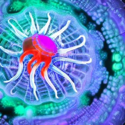 Image similar to detailed photograph of a psychedelic biomechanical robot jellyfish