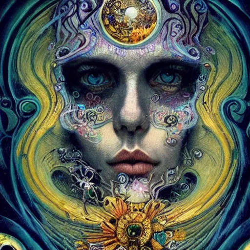 Image similar to Memento Mori by Karol Bak, Jean Deville, Gustav Klimt, and Vincent Van Gogh, beautiful visionary mystical portrait, calavera, otherworldly, fractal structures, ornate gilded medieval icon, third eye, spirals, jeweled calavera by Van Gogh and Amano