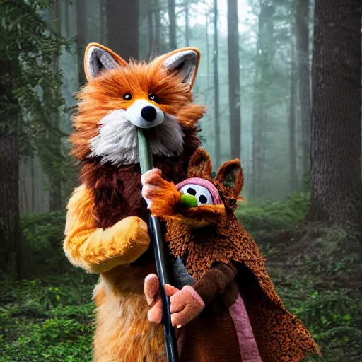 Prompt: photorealistic real life foxfolk wizard druid as a furry muppet plush wearing a fancy elven cloak and holding a sentient scimitar, photography, national geographic, sesame street