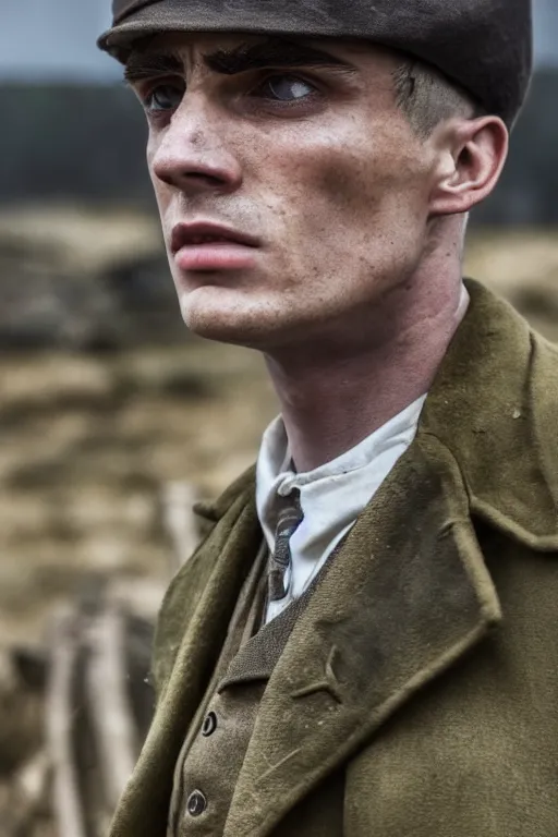 Image similar to a portait photo of Thomas Shelby in a battlefield, epic image, path tracing, complementary colours, high quality, 4k HDR, dramatic lighting, cinematic, highly detailed, high coherence, dedined face, anatomically correct, five fingers, war, cold environment