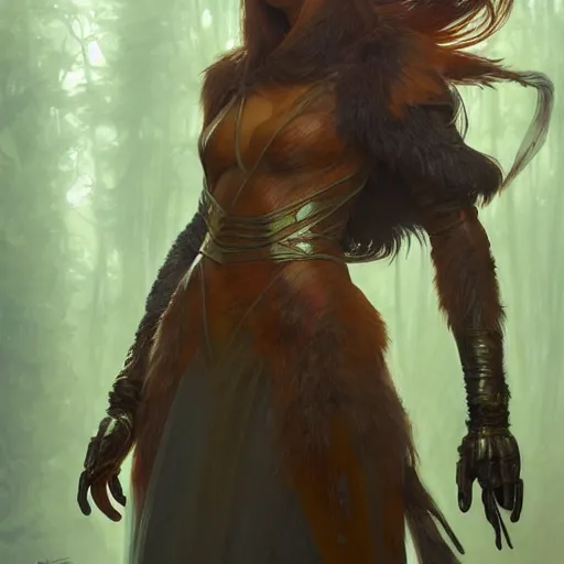 Image similar to photo of a humanoid fox were a heroic dress an armour in the forest, long hair, highly detailed, digital painting, artstation, smooth, sharp focus, illustration, art by artgerm and greg rutkowski and alphonse mucha