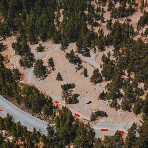 Image similar to Tilt shift photography, Big Bear Lake California, Ariel drone shot, Battlefield, war-torn landscape, fire, USAF Bombers, military, Battlezone