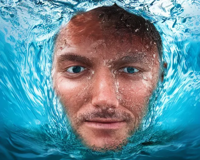 Prompt: water art manipulation of a surreal human head with open eyes burried in the ocean, hyper realistic, ray tracing, realistic water, sharp focus, 8 k resolution, cinematic