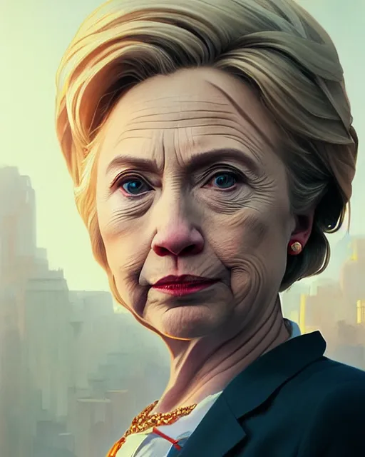 Image similar to highly detailed vfx portrait of a ferocious hillary clinton, stephen bliss, unreal engine, greg rutkowski, loish, rhads, beeple, makoto shinkai and lois van baarle, ilya kuvshinov, rossdraws, tom bagshaw, alphonse mucha, global illumination, detailed and intricate environment