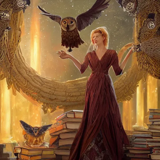 Image similar to a portrait of a older anya taylor - joy as the goddess minerva surrounded by stacks of books, owls, bioluminescent gown with deep level of detail of esoteric symbols, urban motifs, intricate, elegant, highly detailed, digital painting, trending on artstation, smooth sharp focus, illustration, art by artgerm and greg rutkowski