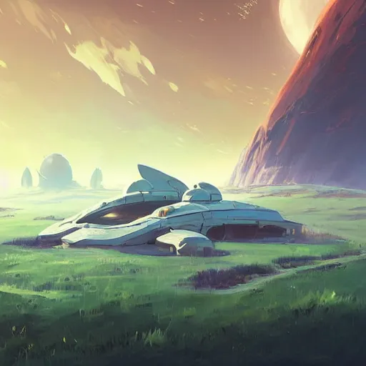 Image similar to landscape painting of a spaceship crashed into a foreign planet. clean sharp digital art, environment concept art, by rossdraws, ghibli, breath of the wild, greg rutkowski