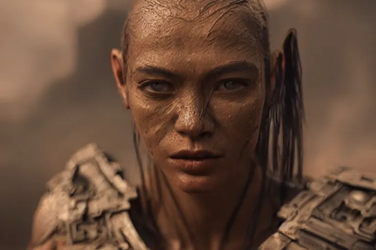 Image similar to VFX movie of a futuristic alien warrior closeup portrait in war zone, beautiful natural skin natural lighting by Emmanuel Lubezki