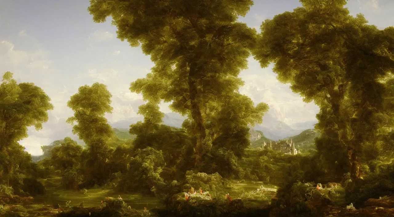 Image similar to a landscape painting of a French castle, with a garden, by Thomas Cole