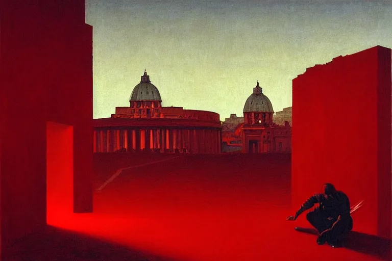 Image similar to only with red, caesar after war, a red tiger, in hoc signo vinces, rome in background, an ancient path, in the style of beksinski, part by hopper, part by rodcenko, part by hofbauer, intricate composition, red by caravaggio, insanely quality, highly detailed, masterpiece, red light, artstation