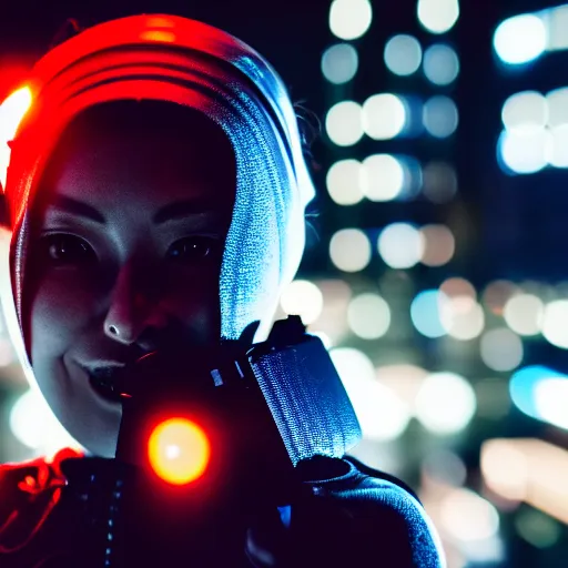 Prompt: photographic portrait of a techwear woman the camera a bullet, closeup, on the rooftop of a futuristic city at night, sigma 85mm f/1.4, 4k, depth of field, high resolution, full color, award winning photography