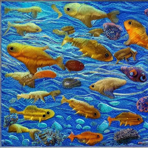 Prompt: weird fishes at the bottom of the sea, painting by robert wyland, layered texture