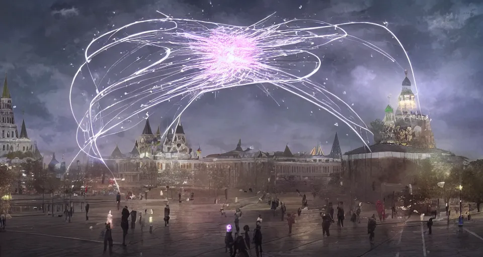 Image similar to pepople and a spiral - shaped white luminous attractor is floating near kremlin, concept art, art for the game, professional lighting, art