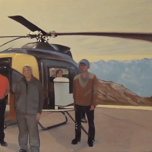 Prompt: painting of blonde swedish guy and tall korean guy in front or robinson helicopter