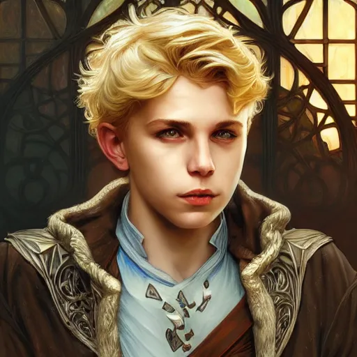 Image similar to an epic fantasy comic book style portrait painting of a young blonde boy thief, d & d, fantasy, intricate, elegant, highly detailed, digital painting, artstation, concept art, matte, sharp focus, illustration, art by artgerm and greg rutkowski and alphonse mucha