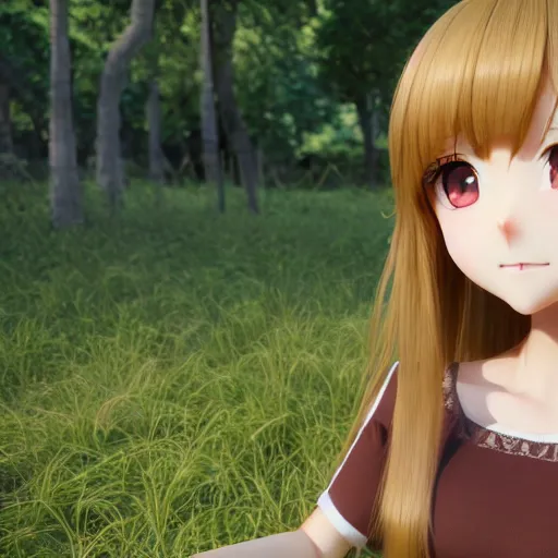 Image similar to Render of a very beautiful 3d anime girl, long hair, hazel eyes, cute freckles, full round face, short smile, cute sundress, golden hour, serene forest setting, medium shot, mid-shot, highly detailed, trending on Artstation, Unreal Engine 4k